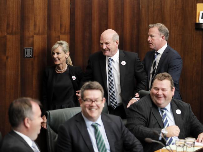 New Speaker of the House, Mark Shelton is taken to the seat by outgoing speaker Elise Archer and Premier Will Hodgman. Picture: RICHARD JUPE