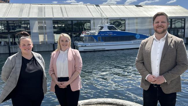 Events management specialist Nikki Long, Labor transport spokeswoman Meg Brown, and Labor sport and events spokesman Luke Edmunds. Labor is calling for an events strategy to be developed for the Derwent Ferry service. Picture: Supplied