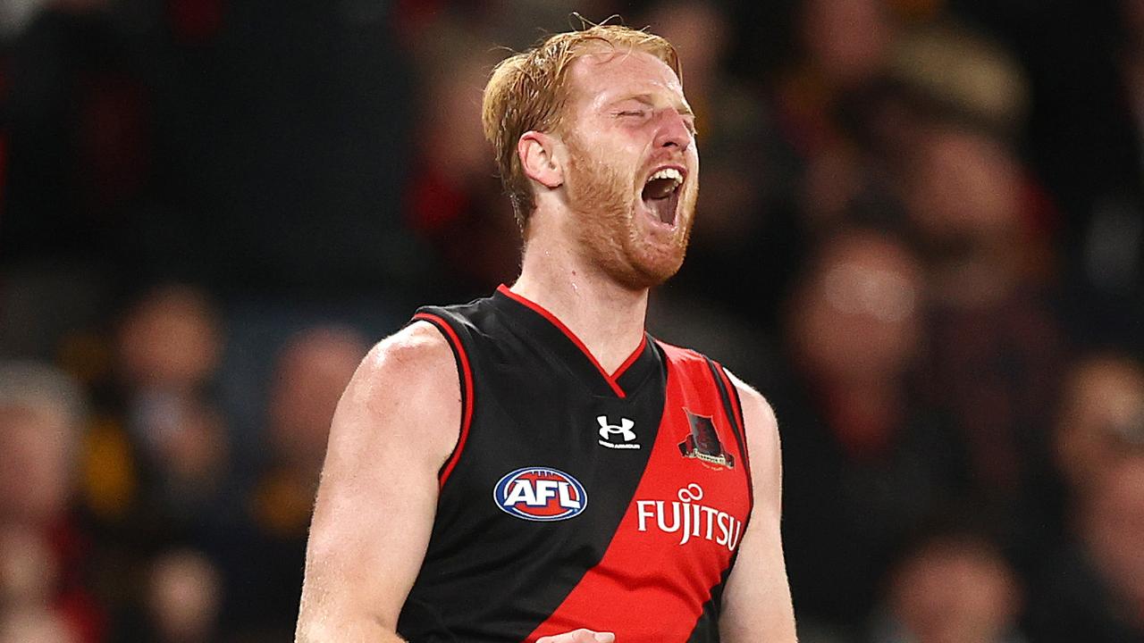 MELBOURNE. 07/05/2022. AFL. Essendon v Hawthorn at the Marvel Stadium, Docklands. Aaron Francis of the Bombers points to the heavens after kicking a last qtr goal. Photo by Michael Klein