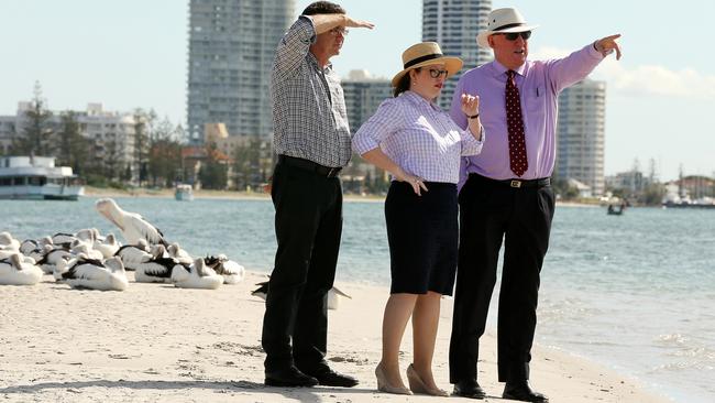 Verity Barton, Rob Molhoek and Jeff Seeney examine the Broadwater ahead of a press conference on the proposed cruise ship terminal. Picture Glenn Hampson