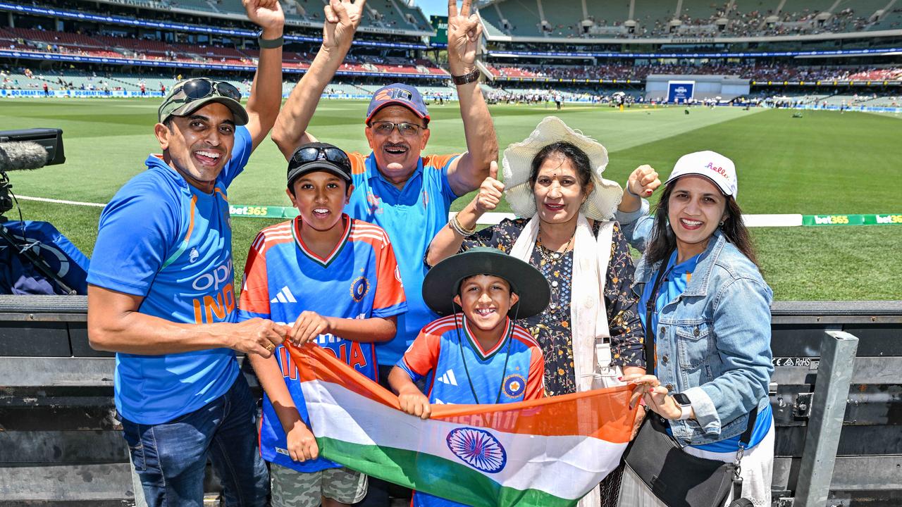 DECEMBER 7, 2024: Sripad Srinivasan, Janak Bharadwaj, Srinivasa Thimmappaiah, Krishna Bharadwaj, Kala Srinivasa and Pavithra Srinivasa during the second day of the second test at Adelaide Oval. Picture: Brenton Edwards