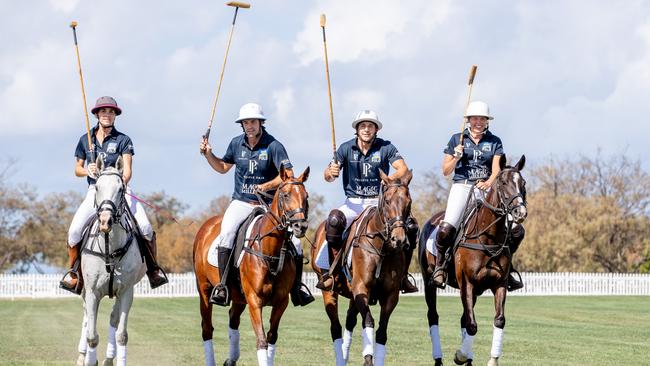 Delfina Blaquier, Nacho Figueras, Billy Slater and Nicole Slater getting some practice in. Picture: Luke Marsden