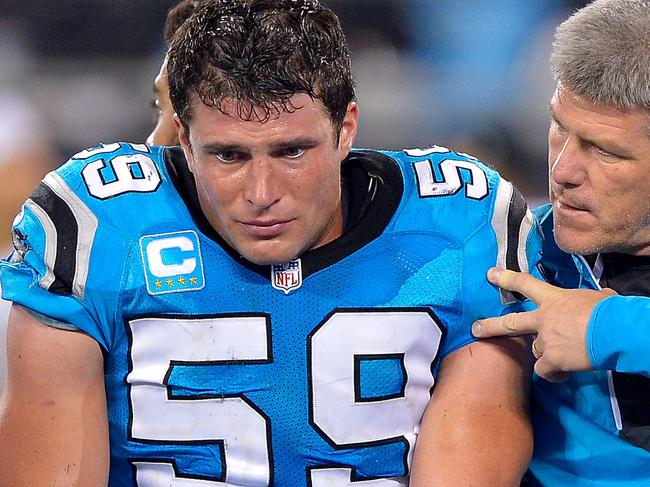 CHARLOTTE, NC - NOVEMBER 17: Luke Kuechly #59 of the Carolina Panthers is carried off the field after an injury against the New Orleans Saints in the fourth quarter during the game at Bank of America Stadium on November 17, 2016 in Charlotte, North Carolina. Grant Halverson/Getty Images/AFP == FOR NEWSPAPERS, INTERNET, TELCOS & TELEVISION USE ONLY ==