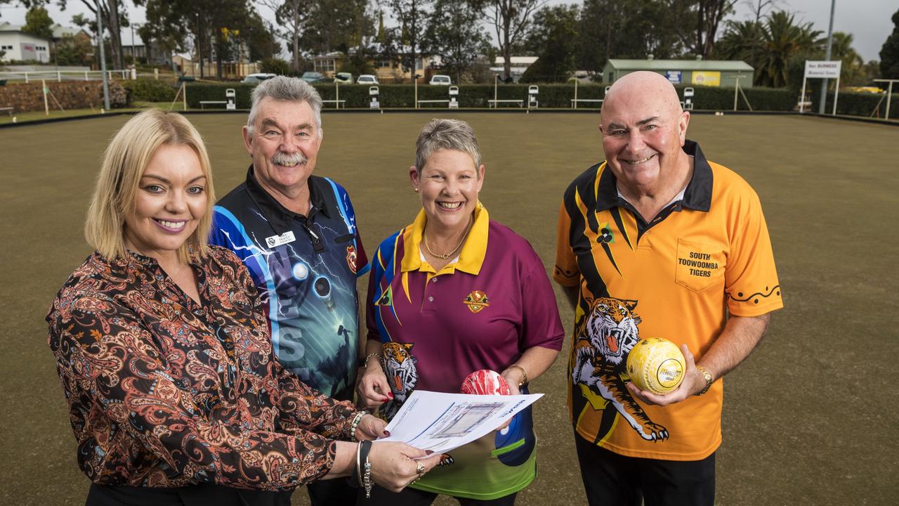 Looking over the plans for a state-of-the-art undercover green at Club Toowoomba are (from left) Club Toowoomba general manager Kelly Cassidy, West Toowoomba Bowls Club secretary Mike Tracey, South Toowoomba Bowls Club chairwoman Gina Hawker, and South Toowoomba Bowls Club treasurer Geoff Fritz. Picture: Kevin Farmer