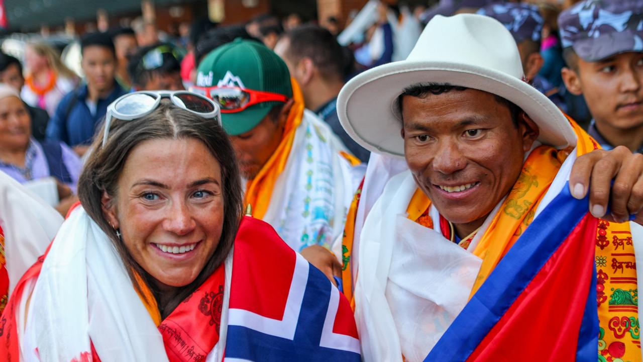 Norwegian mountaineer Kristin Harila (L) alongside Nepali mountaineer Tenjen Lama Sherpa. Mr Lama died on a seperate climb of Mount Shishapangma in Tibet months after this photo. Picture: Sunil Pradhan/Anadolu Agency via Getty Images.