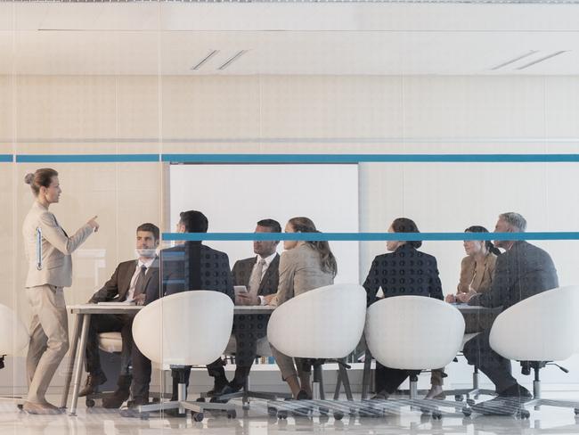 Businesswoman leading meeting in modern conference room