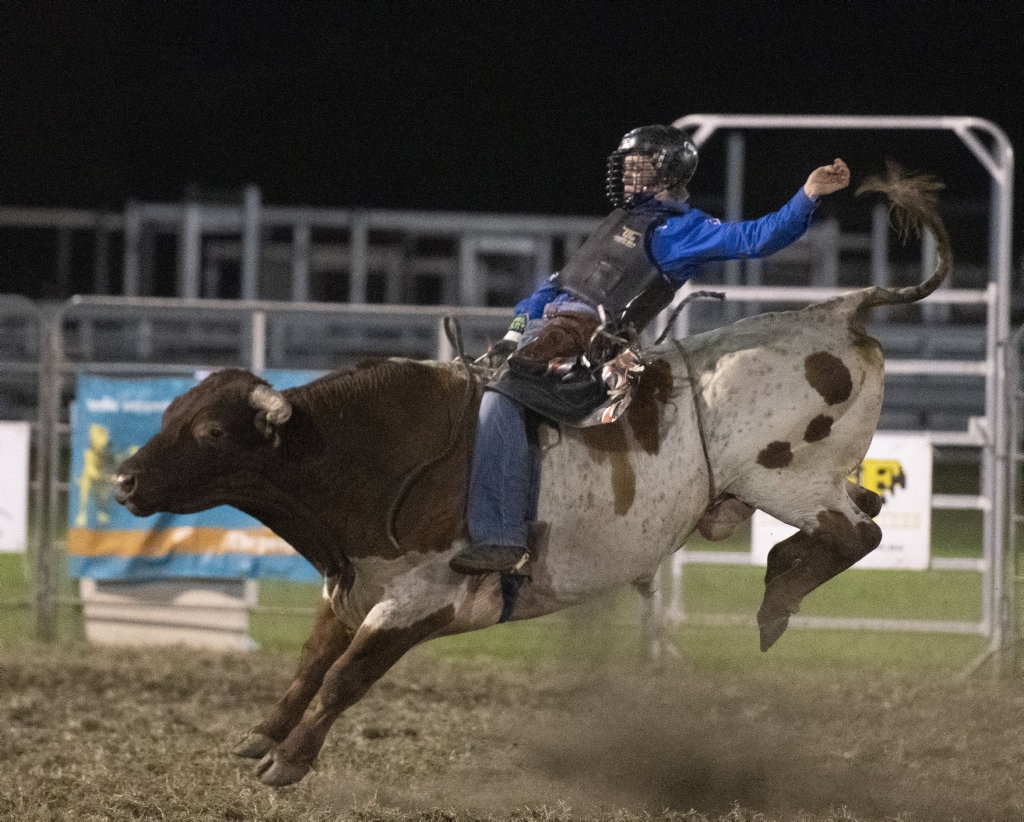 Jack Watt rides in the open bullride at the Lawrence Twilight Rodeo. Picture: Adam Hourigan