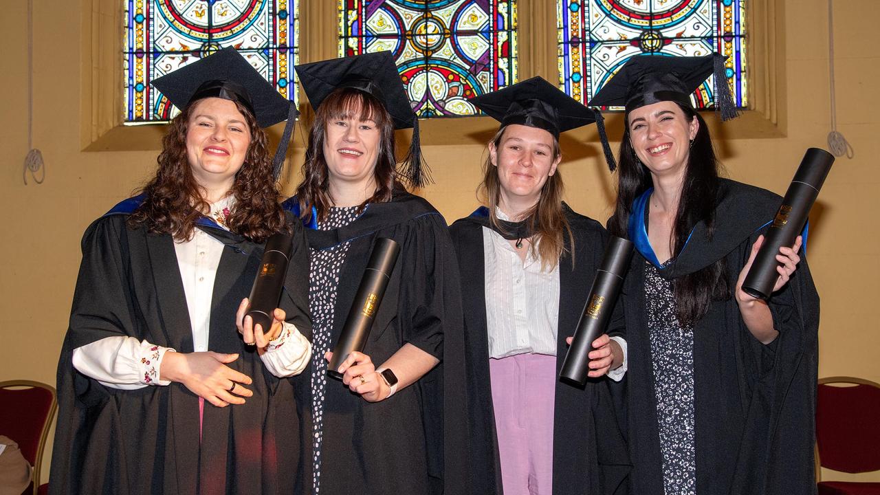 Master of Clinical Psychology graduates, from left; Blanche Beazley, Leisa Bonaventura, Alana Batch and Jordan Seach. UniSQ graduation ceremony at Empire Theatre, Tuesday June 27, 2023.
