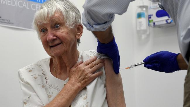 Aged care resident Jane Malysiak gets her second Covid-19 vaccination shot. Picture: NCA NewsWire