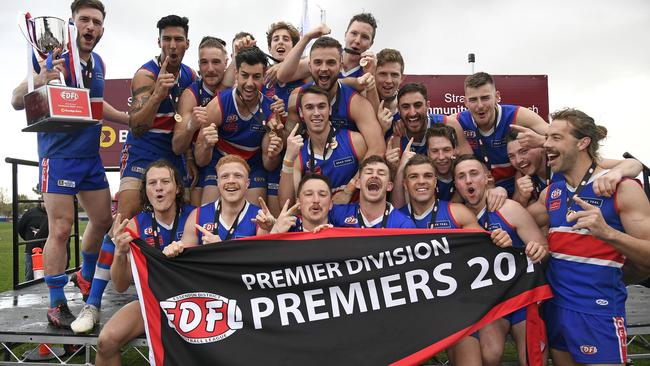 Keilor celebrates its 2019 EDFL Premier Division premiership. Picture: Andy Brownbill