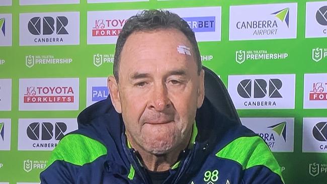 An emotional Ricky Stuart at Canberra Raiders presser after beating the Dolphins tonight. 29.4.23