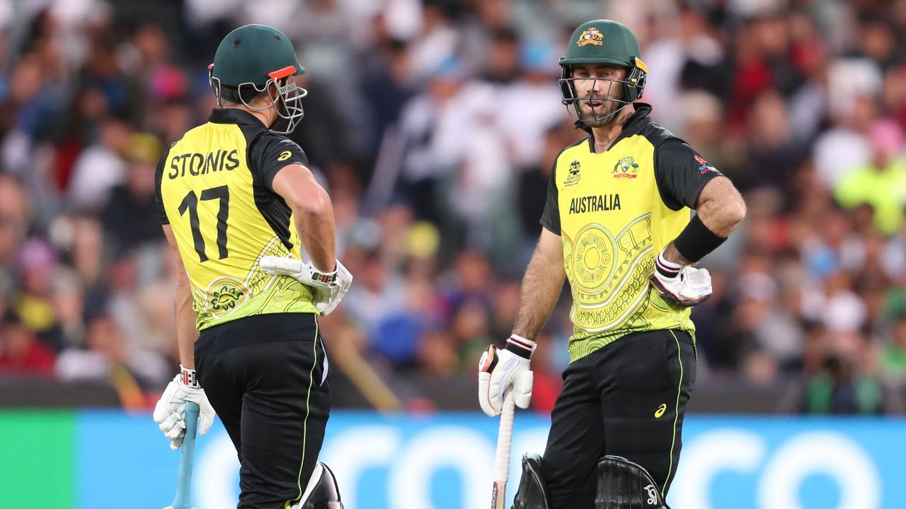 Marcus Stoinis and Glenn Maxwell during Australia’s win over Afghanistan. (Photo by Sarah Reed/Getty Images)