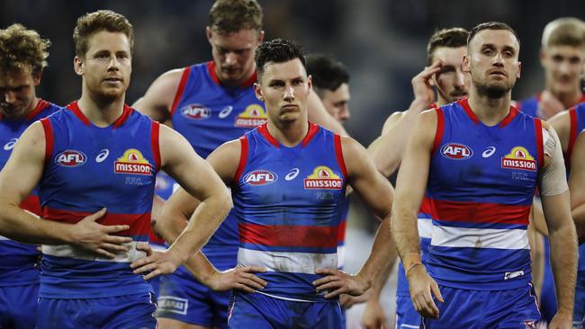 GEELONG, AUSTRALIA - JUNE 18: Anthony Scott of the Bulldogs looks dejected after a loss during the 2021 AFL Round 14 match between the Geelong Cats and the Western Bulldogs at GMHBA Stadium on June 18, 2021 in Geelong, Australia. (Photo by Dylan Burns/AFL Photos via Getty Images)