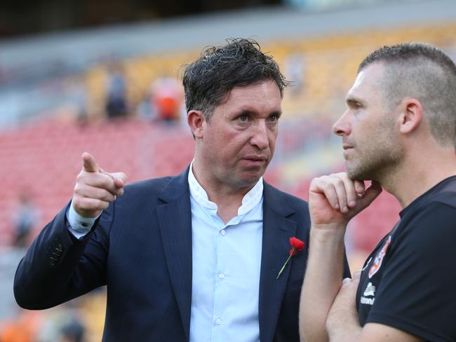 BRISBANE, AUSTRALIA - APRIL 25: Roar Head Coach Robbie Fowler talks with Darren Davies after the round 27 A-League match between the Brisbane Roar and Adelaide United at Suncorp Stadium on April 25, 2019 in Brisbane, Australia. (Photo by Chris Hyde/Getty Images)