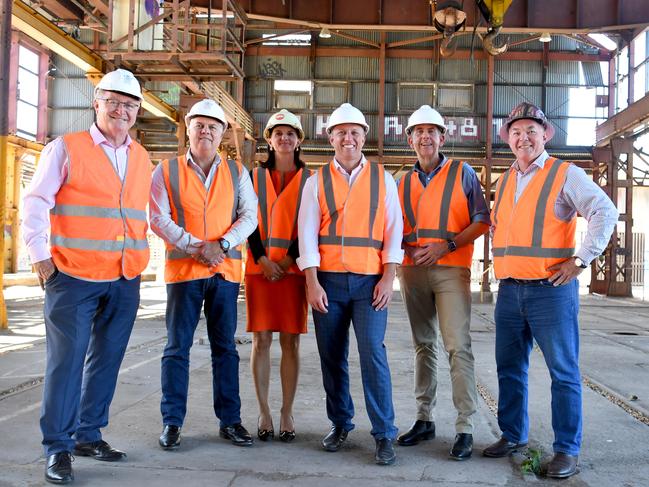 Northern Rail Yards site along Flinders Street, Townsville. Member of Mundingburra Les Walker, Member for Thuringowa Aaron Harper, Townsville Enterprise CEO Claudia Brumme-Smith, Treasurer Cameron Dick, Premier Steven Miles and Member for Townsville Scott Stewart. Picture: Evan Morgan