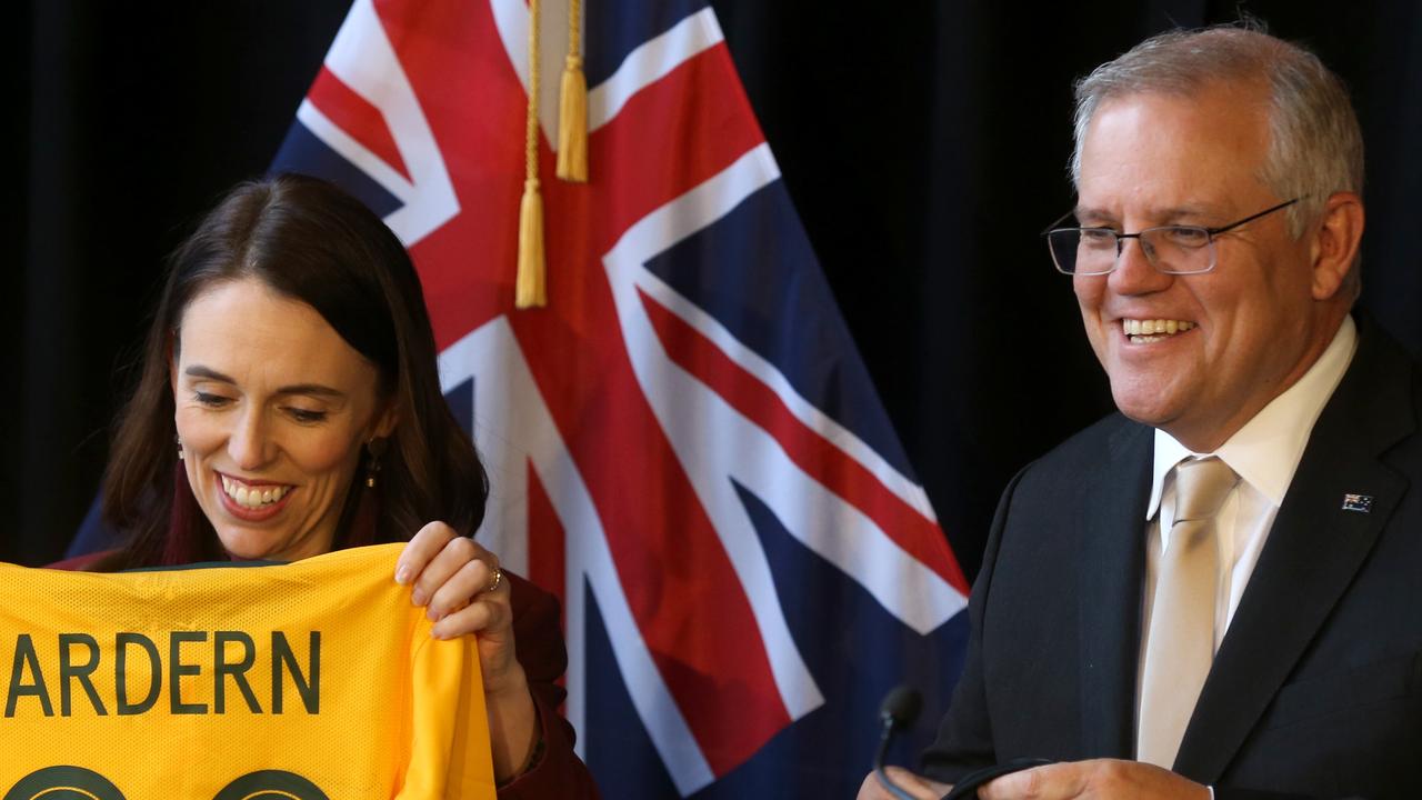 Former New Zealand Prime Minister Jacinda Ardern and former Australian Prime Minister Scott Morrison discuss the 2023 FIFA Women’s World Cup. Picture Calum Robertson