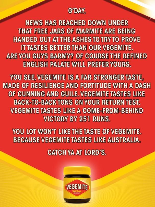 The Vegemite advert celebrated the Aussie Test win.