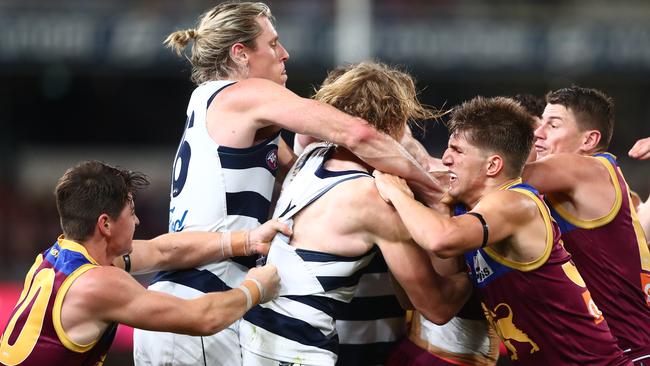 Players from both sides got in on the act after the incident. Picture: Chris Hyde/AFL Photos/via Getty Images