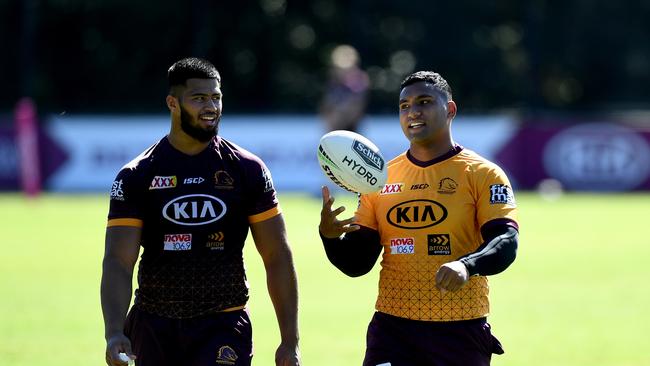 BRISBANE, AUSTRALIA - JUNE 02: Tevita Pangai Junior and Payne Haas are seen chatting during a Brisbane Broncos NRL training session at the Clive Berghofer Centre on June 02, 2020 in Brisbane, Australia. (Photo by Bradley Kanaris/Getty Images)