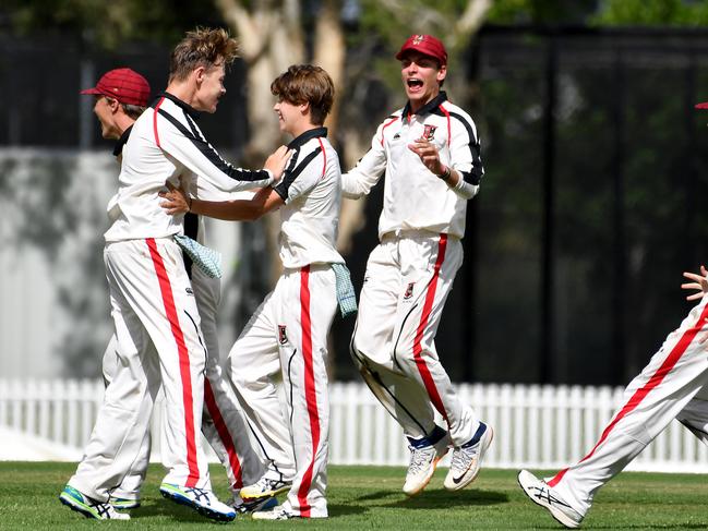 St Joseph's Gregory Terrace celebrate a wicketGPS First XI match between St Joseph's Gregory Terrace and Churchie.Saturday January 29, 2022. Picture, John Gass