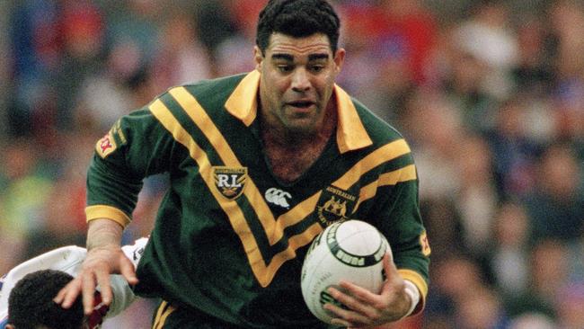 Mal Meninga in action for the Kangaroos in 1994, a team he now presides over as coach. Picture: Getty