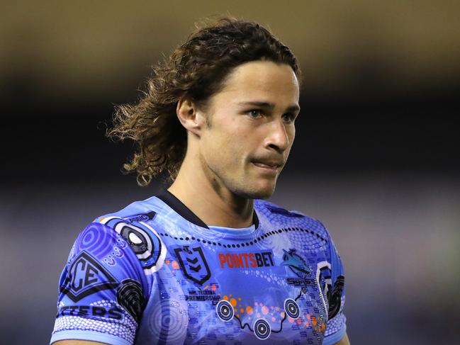 SYDNEY, AUSTRALIA - JUNE 03: Nicholas Hynes of the Sharks warms up prior to the round 14 NRL match between Cronulla Sharks and Brisbane Broncos at PointsBet Stadium on June 03, 2023 in Sydney, Australia. (Photo by Jeremy Ng/Getty Images)