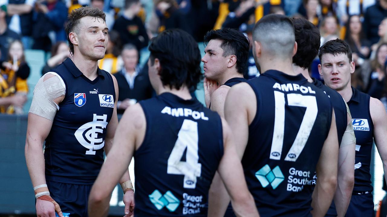 MELBOURNE, AUSTRALIA - AUGUST 11: Patrick Cripps of the Blues looks dejected after a loss during the 2024 AFL Round 22 match between the Carlton Blues and the Hawthorn Hawks at The Melbourne Cricket Ground on August 11, 2024 in Melbourne, Australia. (Photo by Michael Willson/AFL Photos via Getty Images)