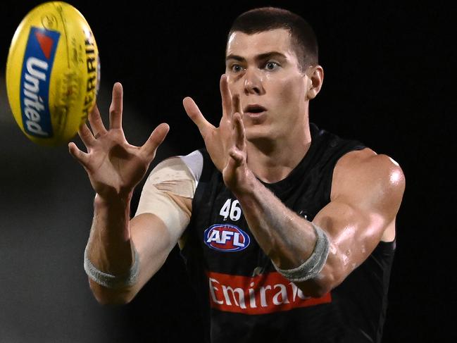 Mason Cox marks during a Collingwood training session at Maroochydore on October 8. Picture: Quinn Rooney/Getty Images