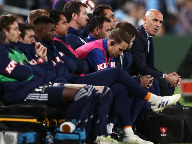  Melbourne Victory head coach Kevin Muscat looks dejected after another Sydney FC goal.