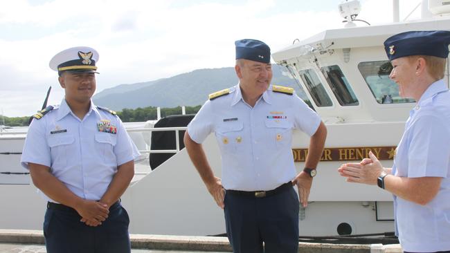 Rear Admiral Michael Day, United States Commander of the Fourteenth Coast Guard District (centre) spoke with Lt. Freddy Hofschneider, US Coast Guard cutter Oliver Henry's commanding officer (left) and Master Chief Andrea Martynowski. Picture: Alison Paterson