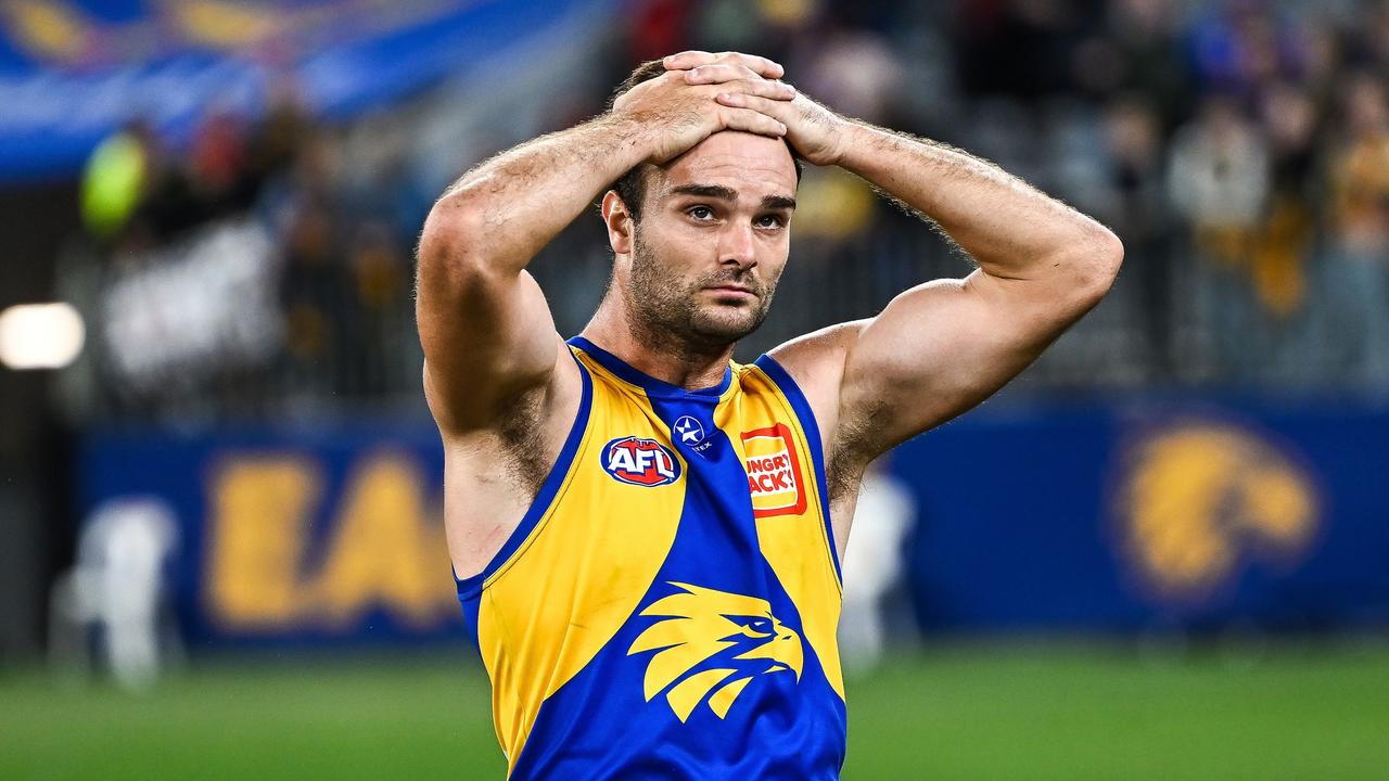 Jack Petruccelle of the Eagles looks dejected. (Photo by Daniel Carson/AFL Photos via Getty Images)