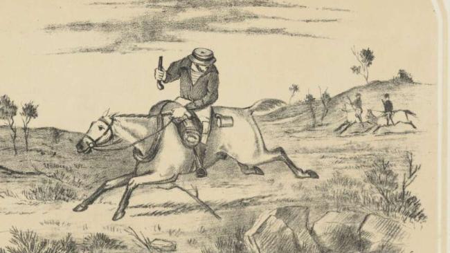 The Bushranger Pursued. A drawing by E.C. May from about 1890 showing a romantic version of an outlaw being chased by a policeman. Picture: National Library