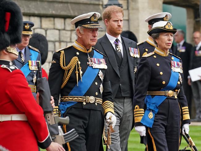 King Charles III, Prince Harry, Duke of Sussex and Princess Anne, Princess Royal at the Committal Service at St George's Chapel in Windsor Castle.