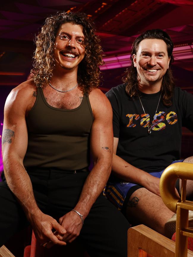 Peking Duk band members Adam Hyde (left) and Reuben Styles at Enmore Theatre. Picture: Jonathan Ng