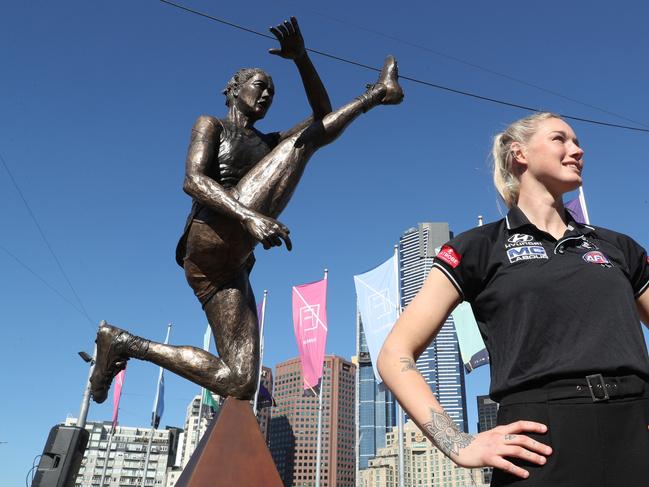 AFLW star Tayla Harris is one of the few women to have a statue in Victoria. Picture: David Crosling