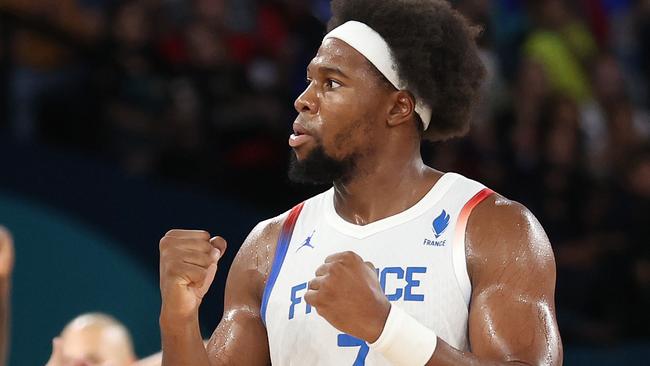 PARIS, FRANCE - AUGUST 08: Guerschon Yabusele #7 of Team France reacts during a Men's basketball semifinals match between Team France and Team Germany on day thirteen of the Olympic Games Paris 2024 at Bercy Arena on August 08, 2024 in Paris, France. (Photo by Ezra Shaw/Getty Images)