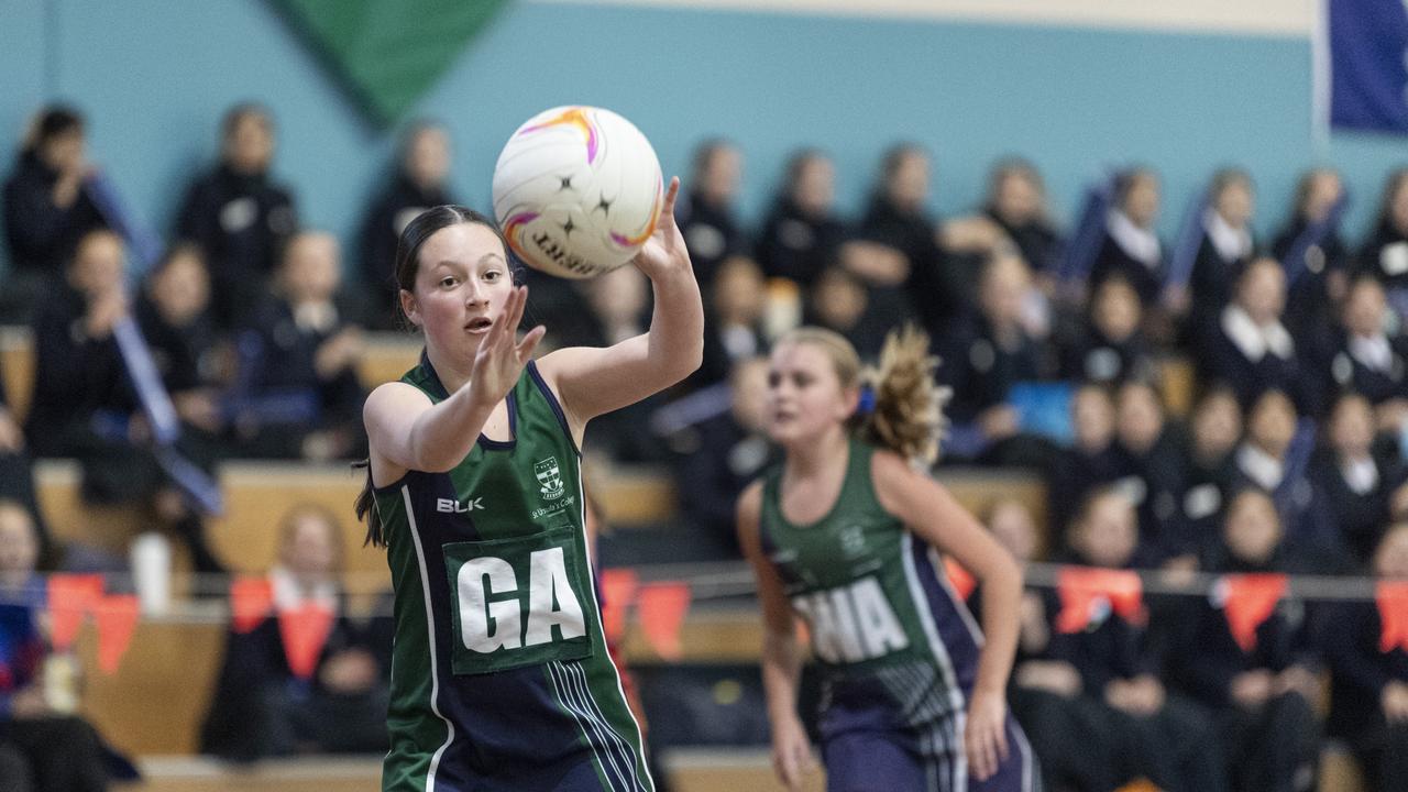 Abbey James of St Ursula's Junior Development against Downlands Junior C in Merici-Chevalier Cup netball at Salo Centre, Friday, July 19, 2024. Picture: Kevin Farmer