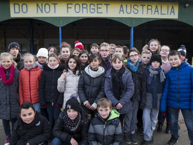 L’Ecole Victoria in the village of Villers-Bretonneux in France. In the courtyard there’s a banner saying ‘Do Not Forget Australia’. Picture: Ella Pellegrini