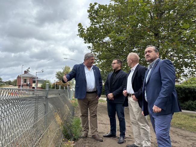 Infrastructure Minister Kerry Vincent, Civil Contractors Federation Tasmania Board Member and Fulton Hogan State Manager Matt Grundy, Liberal Candidate for Nelson Marcus Vermey, and Engineers Australia Tasmanian Division President Max Moller. Picture: Simon McGuire.