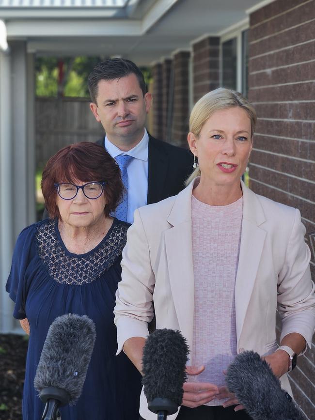 Blackmans Bay resident Fran Spears with Labor's Energy spokesman Dean Winter and Labor leader Rebecca White.