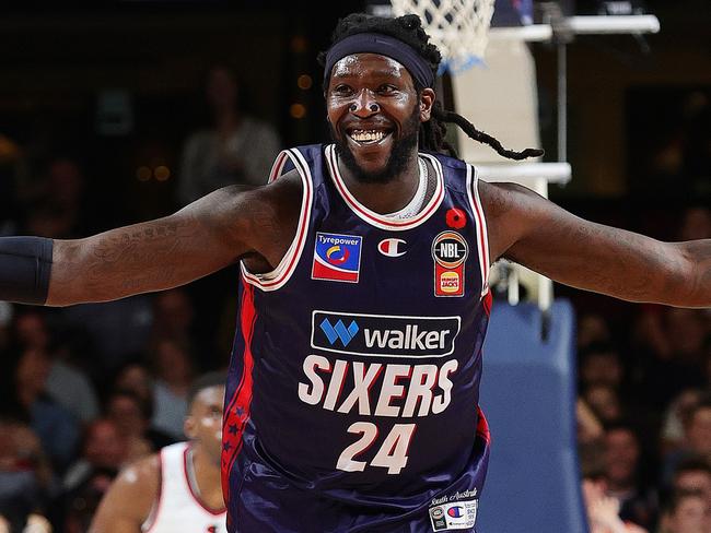 ADELAIDE, AUSTRALIA - NOVEMBER 10: Montrezl Harrell of the 36ers reacts during the round eight NBL match between Adelaide 36ers and Illawarra Hawks at Adelaide Entertainment Centre, on November 10, 2024, in Adelaide, Australia. (Photo by Sarah Reed/Getty Images)