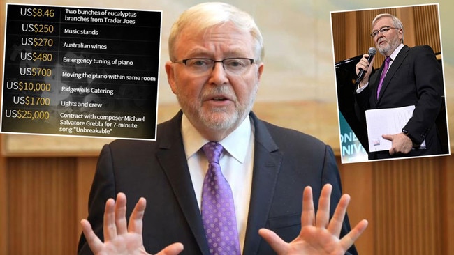 Australian Ambassador to the US Kevin Rudd hosted a $25k party on taxpayers dime to celebrate one year in Washington where a $40k song - Unbreakable - written for the embassy was performed for the first time. Pictures: News Corp/Supplied