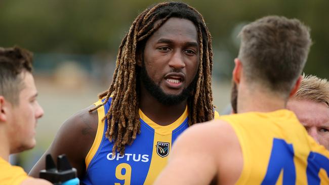 Nic Naitanui talks with Keegan Brooksby when they fronted for West Coast in the WAFL this season. Picture: Paul Kane/Getty Images