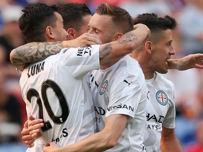 NEWCASTLE, AUSTRALIA - DECEMBER 15: Adrian Luna of Melbourne City celebrates his goal with team mates during the round 10 A-League match between the Newcastle Jets and Melbourne City at McDonald Jones Stadium on December 15, 2019 in Newcastle, Australia. (Photo by Ashley Feder/Getty Images)