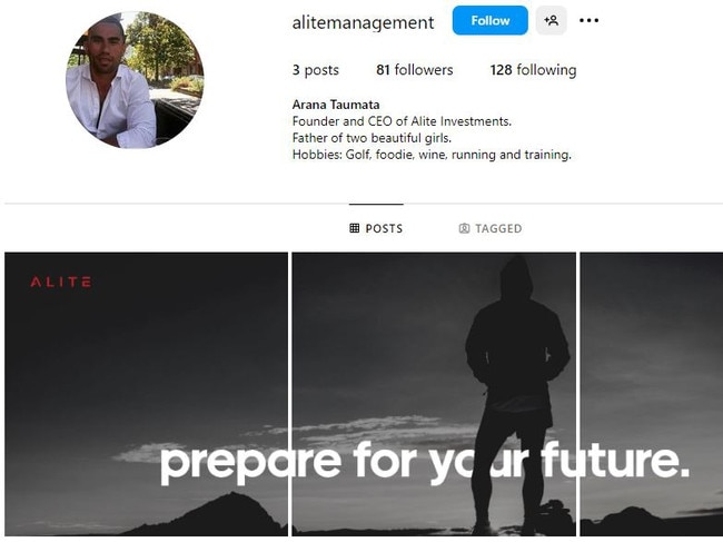 An Instagram profile Arana Taumata established for Alite Management, which references his Alite Investments business. Picture: Instagram