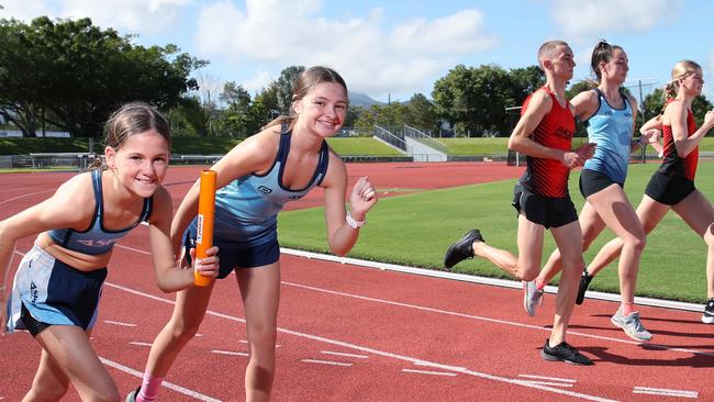 ON YOUR MARKS: Grace Campbell, 10, Jorja Catelan, 14, Toby Gillen 19, Eryn Vicary, 17, and Lili Boyd, 18, will all participate in the 400m relays held over 105 laps at Barlow Park this afternoon in an attempt to better Eliud Kipchoge’s marathon world record. Picture: BRENDAN RADKE.