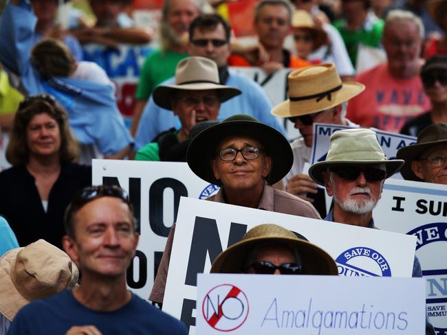 Protesters against forced council amalgamations at the Save Our Councils Coalition “Local Democracy — Not Dictatorship” rally at Hyde Park. Picture: Braden Fastier