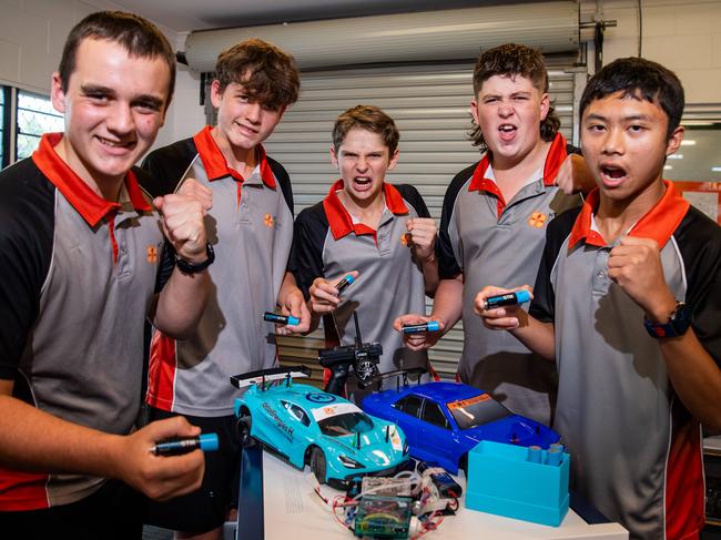 Michael Jessup, Ezekiel Kernick, Tannum Jones-Materne, Kayden Bourchier and Johann De Guzman prepare to travel to the Gold Coast for the national Hydrogen Grand Prix. The team will compete with their remote-controlled cars for a four-hour endurance race. Picture: Pema Tamang Pakhrin