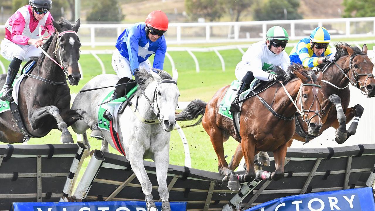 The Cunning Fox (blue silks and red cap) won a thrilling Galleywood Hurdle at Warrnambool on Wednesday. Picture: Pat Scala/Racing Photos via Getty Images