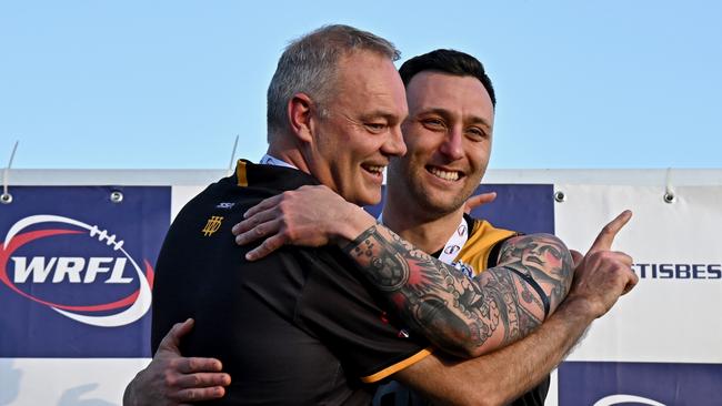 Werribee Districts coach Chris Gilham and captain Daniel Schibeci. Picture: Andy Brownbill